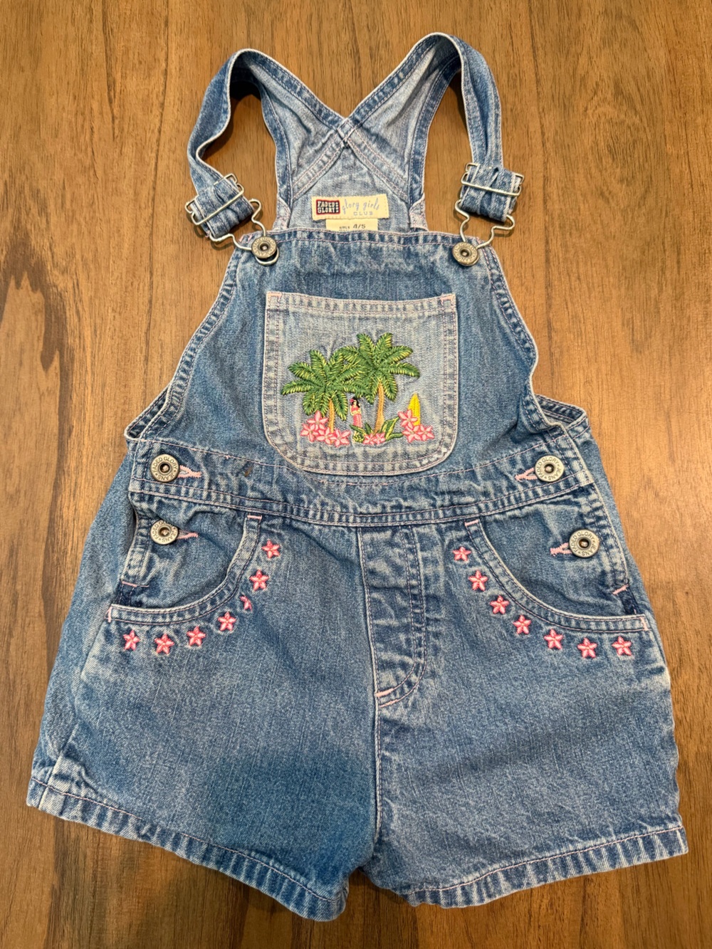 Little Girls Vintage Faded Glory Aloha Hawaiian Embroidered Denim Overalls